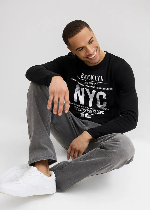 Bluzka z długim rękawem z czystej bawełny organicznej, slim fit • czarny • sklep bonprix