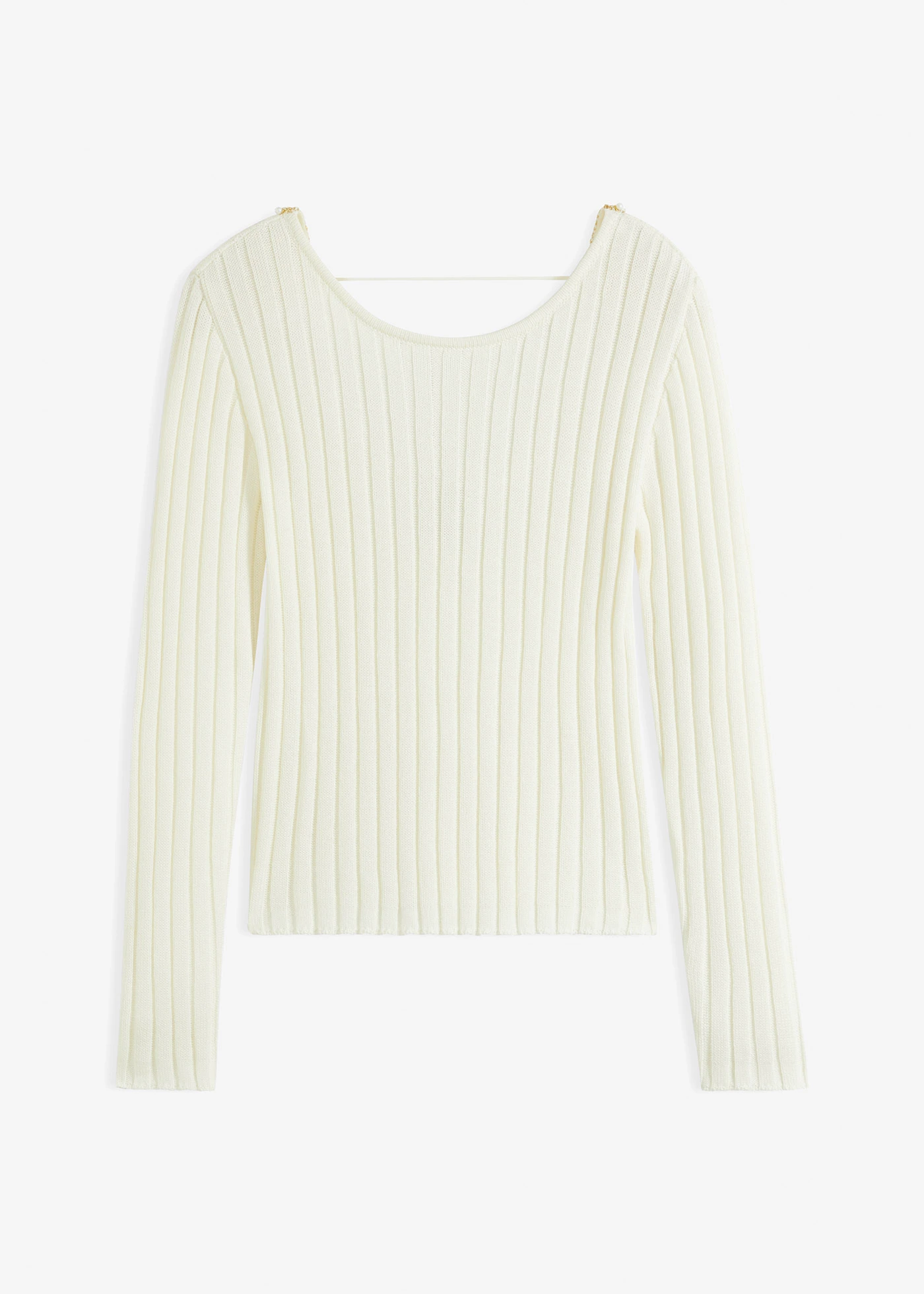 Sweter w prążek z dekoracyjną tasiemką z perełkami • biel wełny • sklep bonprix