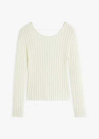 Sweter w prążek z dekoracyjną tasiemką z perełkami • biel wełny • sklep bonprix