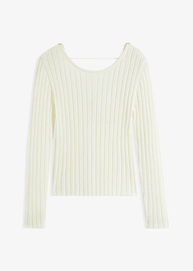 Sweter w prążek z dekoracyjną tasiemką z perełkami • biel wełny • sklep bonprix