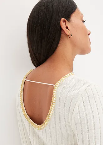 Sweter w prążek z dekoracyjną tasiemką z perełkami • biel wełny • sklep bonprix