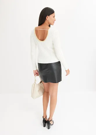 Sweter w prążek z dekoracyjną tasiemką z perełkami • biel wełny • sklep bonprix