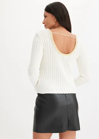 Sweter w prążek z dekoracyjną tasiemką z perełkami • biel wełny • sklep bonprix