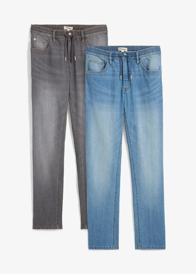 Lot de 2 jeans droits extensibles regular à taille élastiquée, Couleur: medium bleu bleached+gris denim