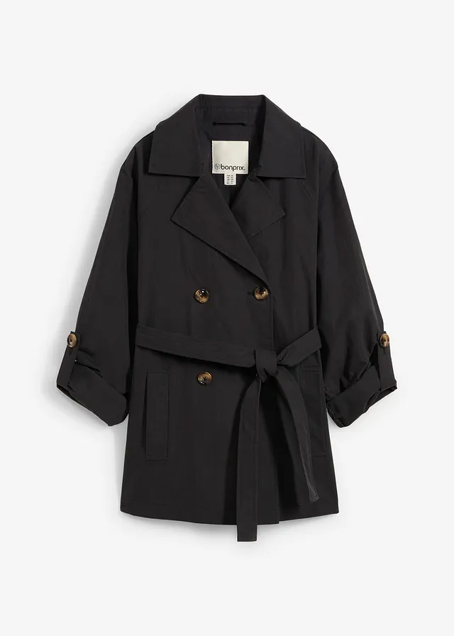 Korte trenchcoat, Kleur: zwart
