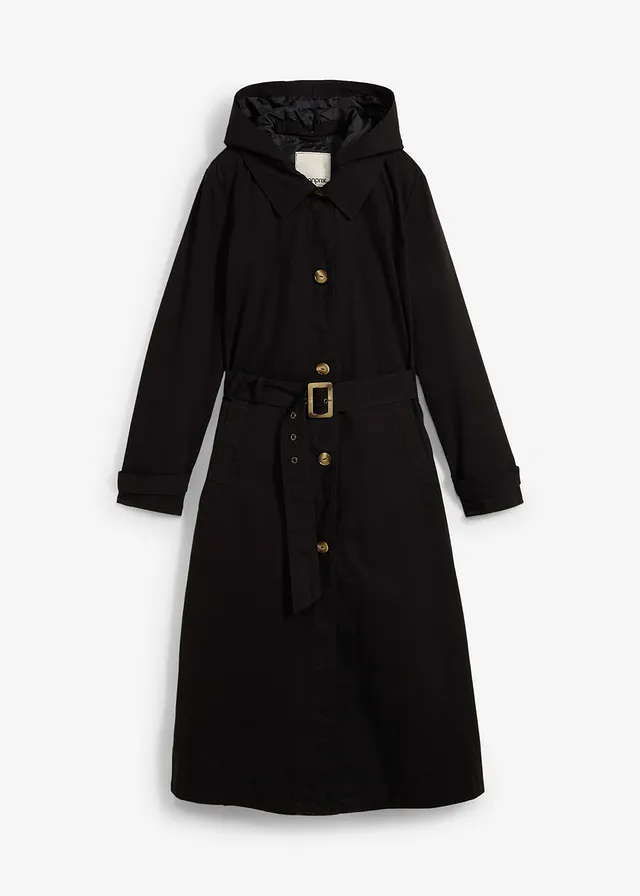 Kuitlange jas in trenchcoat stijl met afneembare capuchon, Kleur: zwart