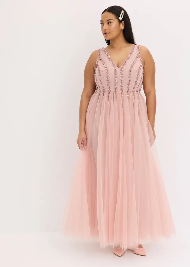 Maxi jurk van fijne tule met paillettenborduursel, Kleur: roze