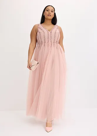 Robe longue en tulle fin avec sequins brodés, Couleur: rose
