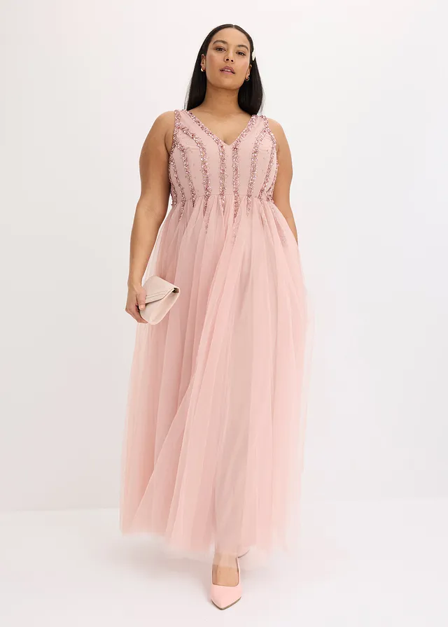 Maxi jurk van fijne tule met paillettenborduursel, Kleur: roze