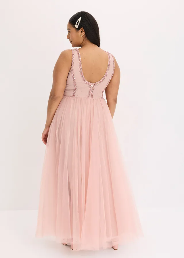 Maxi jurk van fijne tule met paillettenborduursel, Kleur: roze