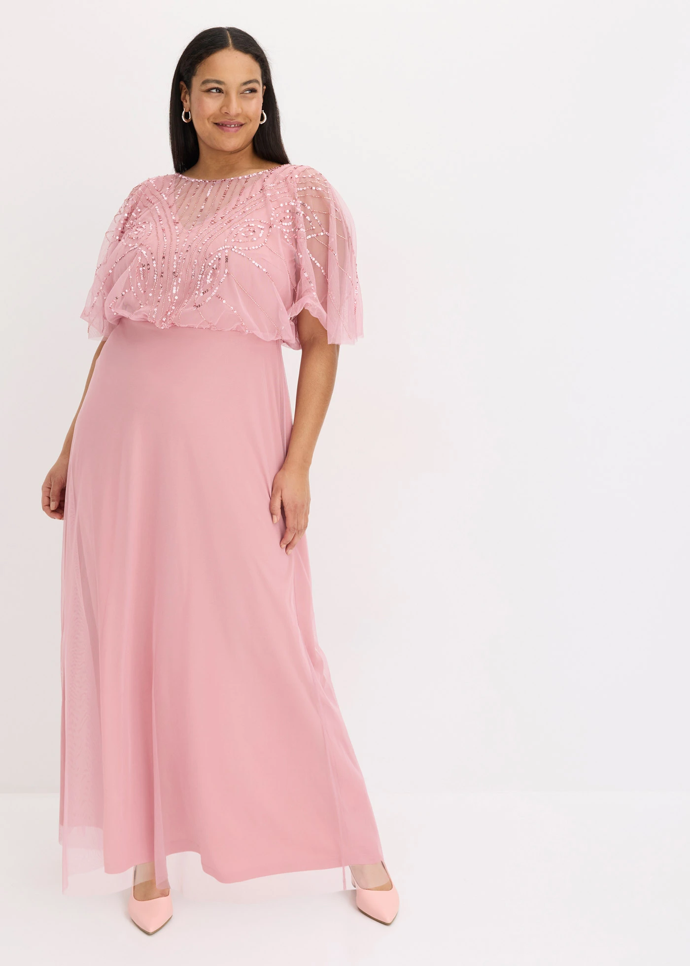 Maxi jurk van fijne tule met paillettenborduursel • pink plus size • bonprix online shop