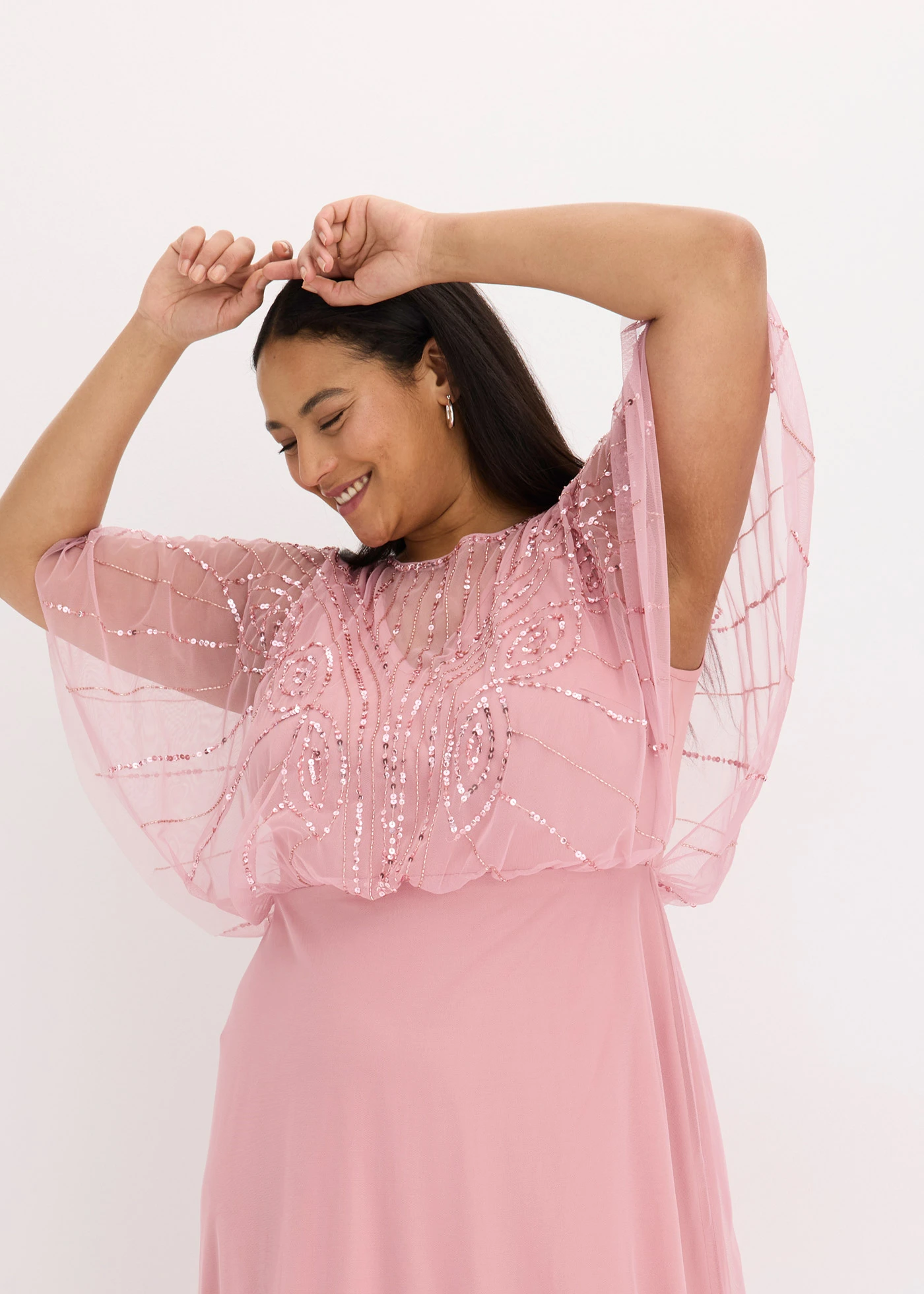 Maxi jurk van fijne tule met paillettenborduursel • pink plus size • bonprix online shop