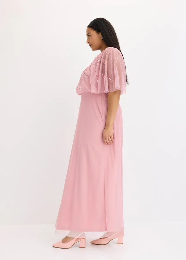 Robe longue en tulle fin avec sequins brodés, Couleur: rose