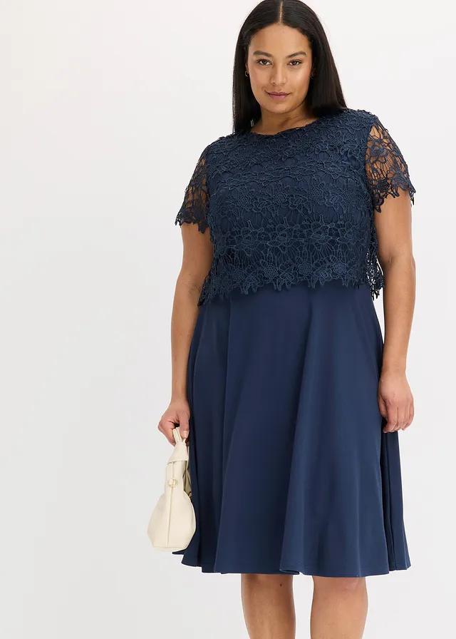 Robe midi avec empiècement dentelle, Couleur: bleu foncé