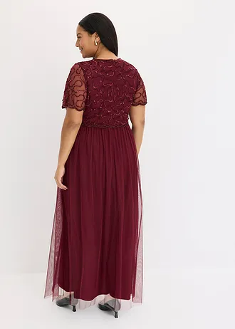 Robe longue en tulle fin avec sequins brodés, Couleur: rouge foncé