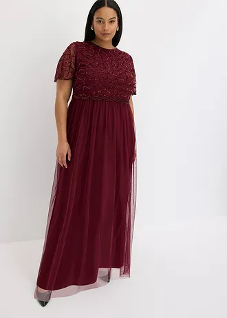 Robe longue en tulle fin avec sequins brodés, Couleur: rouge foncé