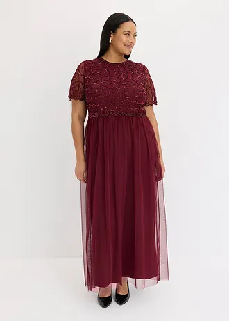 Robe longue en tulle fin avec sequins brodés, Couleur: rouge foncé