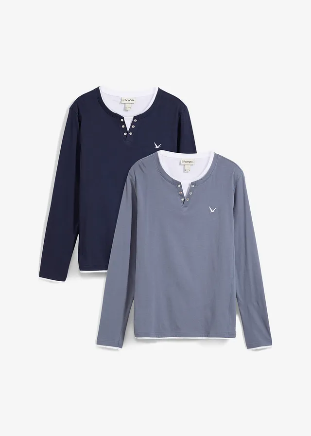 Lot de 2 T-shirts manches longues, style 2en1 • bleu foncé + bleu fumé • Boutique bonprix