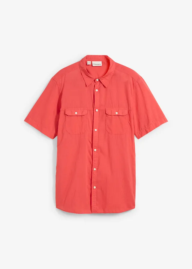 Overhemd met korte mouwen van puur katoen, Kleur: koraalrood