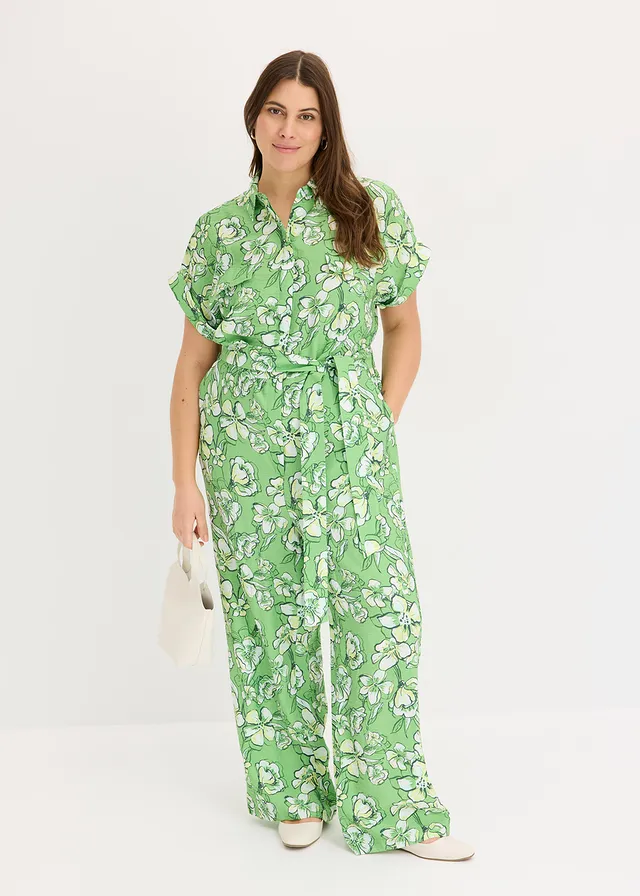Combinaison fluide en viscose mélangée, Couleur: vert trèfle imprimé