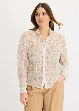 Bedrukte blouse met ruches, Kleur: ecru-lichtblauw