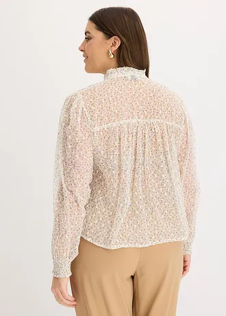 Bedrukte blouse met ruches, Kleur: ecru-lichtblauw