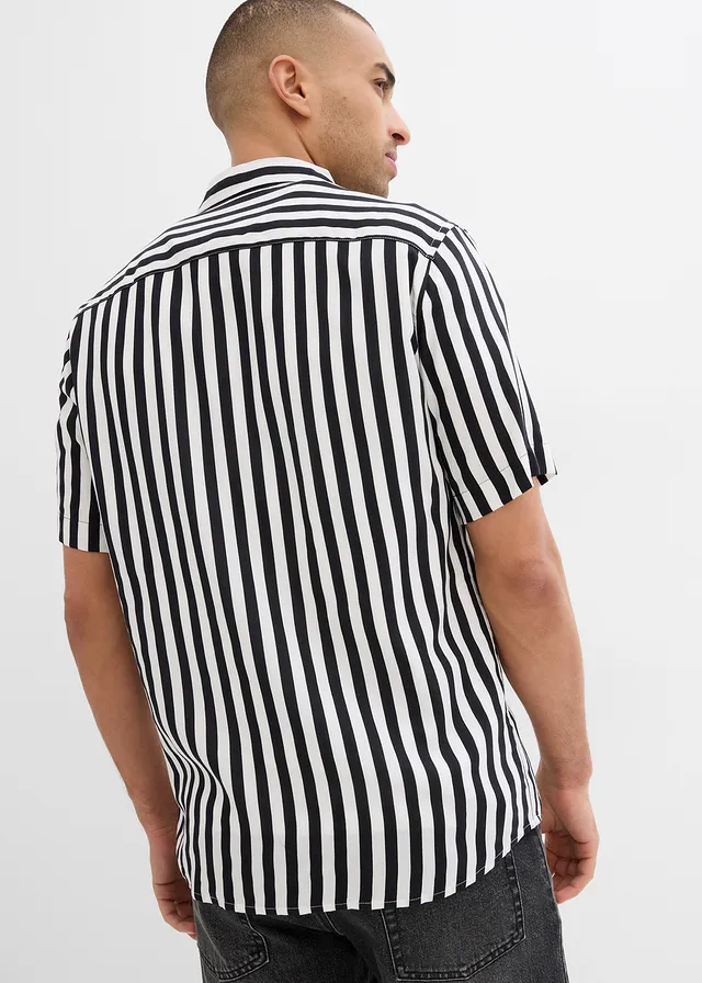 Overhemd met korte mouwen van zachte viscose, Kleur: zwart-wolwit gestreept