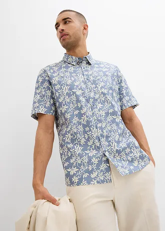 Chemise manches courtes, 100% coton • bleu fumée-blanc crème à fleurs • Boutique bonprix