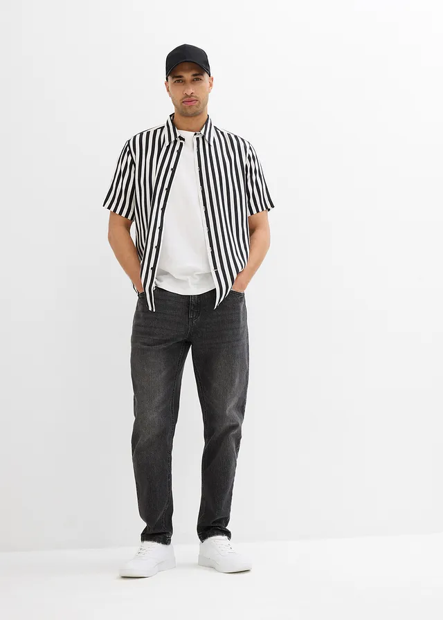 Overhemd met korte mouwen van zachte viscose, Kleur: zwart-wolwit gestreept