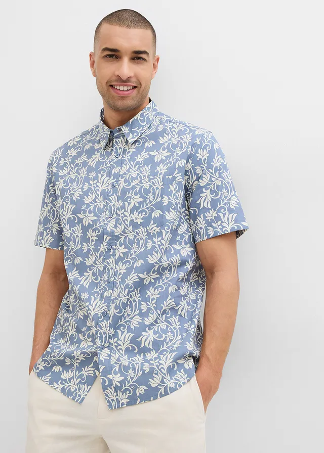 Chemise manches courtes, 100% coton, Couleur: bleu fumé/crème floral