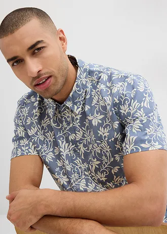 Chemise manches courtes, 100% coton • bleu fumée-blanc crème à fleurs • Boutique bonprix