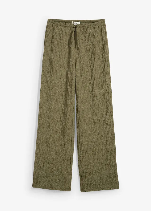 Pantalon large à taille élastiquée en crêpe, Couleur: olive