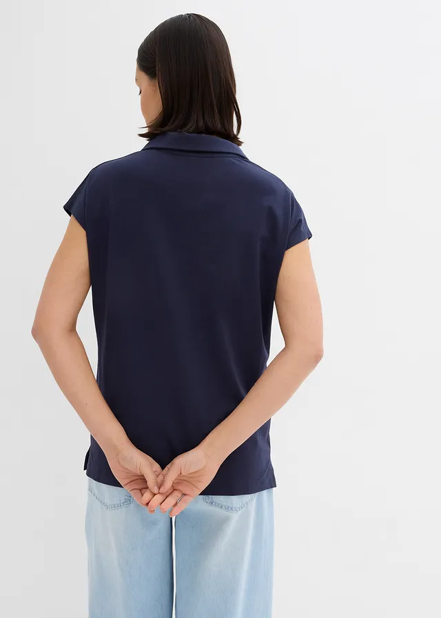 Shirt met een open polokraag, Kleur: donkerblauw