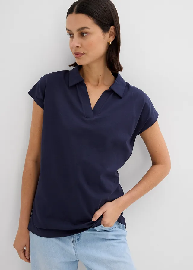 Shirt met een open polokraag, Kleur: donkerblauw