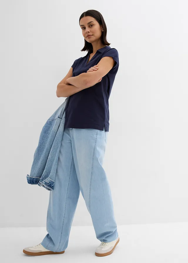 Shirt met een open polokraag, Kleur: donkerblauw