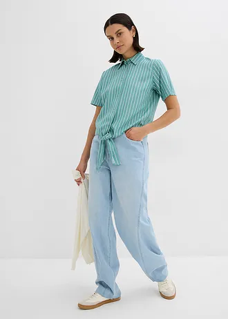 Pruhovaná halenka s krátkým rukávem a uzlem, barva: kouřově šalvějově zeleno-přírodní bílá s proužky