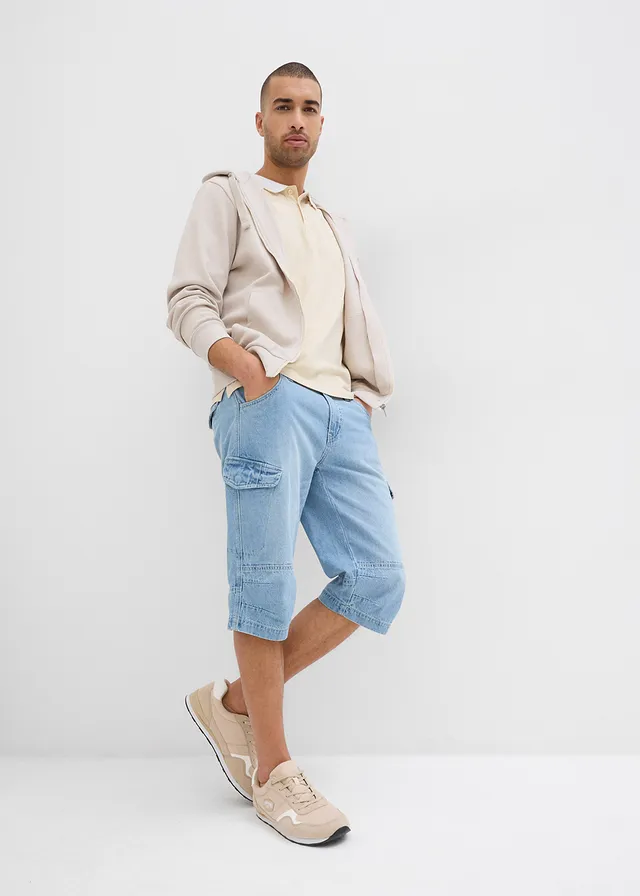 Bermuda long poches cargo en denim léger, coupe loose, Couleur: bleu glacier denim