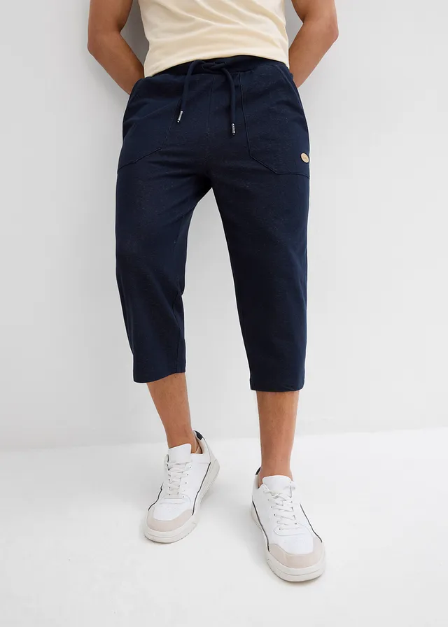 3/4 sweatpants in denim look met comfortband, Kleur: donkerblauw