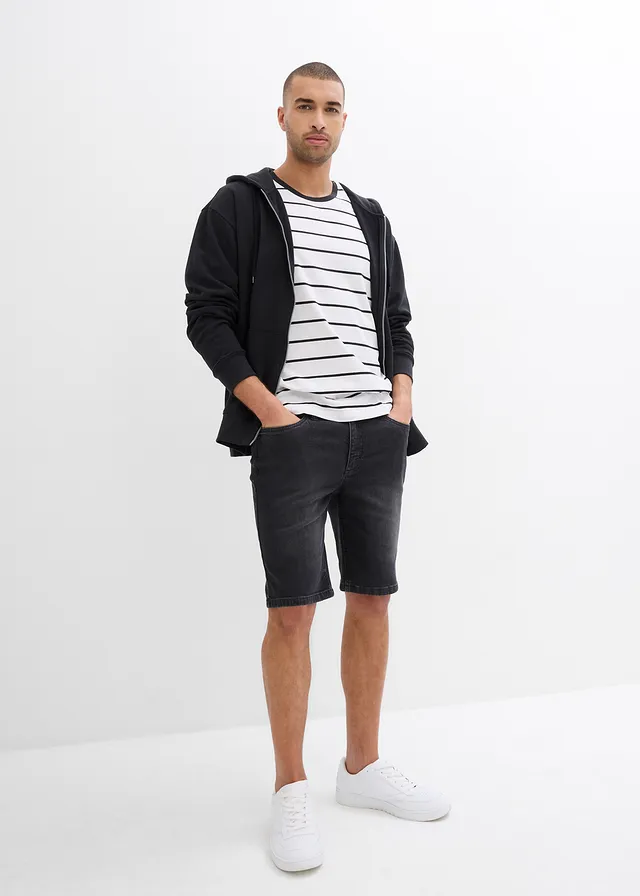 Lot de 2 bermudas en jean extensible, regular, Couleur: bleu foncé denim + noir denim
