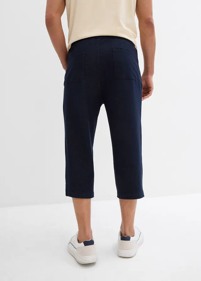 3/4 sweatpants in denim look met comfortband, Kleur: donkerblauw