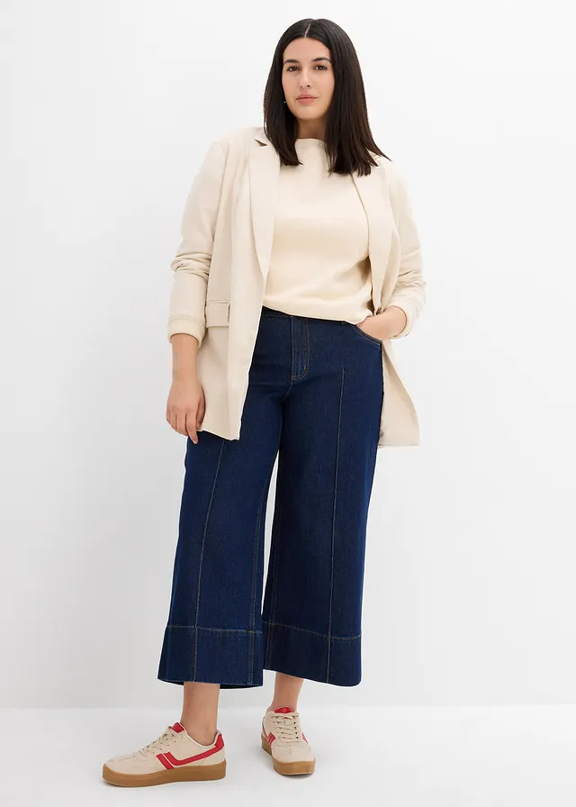 Wide leg jeans mid waist, cropped, Kleur: diepblauw denim ongewassen