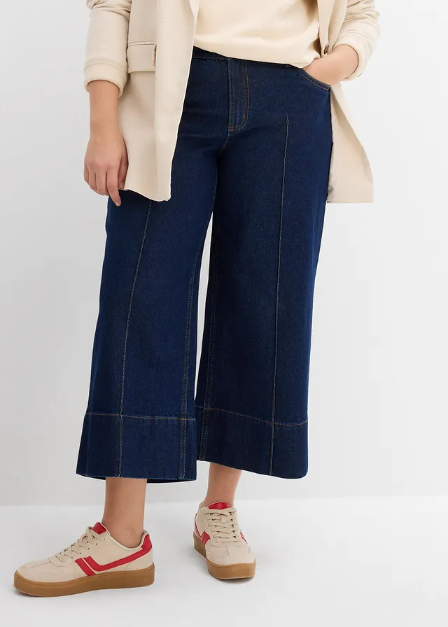 Wide leg jeans mid waist, cropped, Kleur: diepblauw denim ongewassen