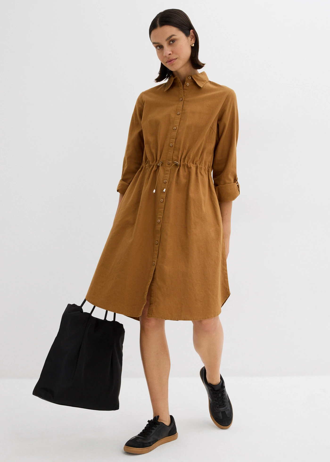 Overhemdjurk in een linnen-katoenmix • cognac • bonprix online shop