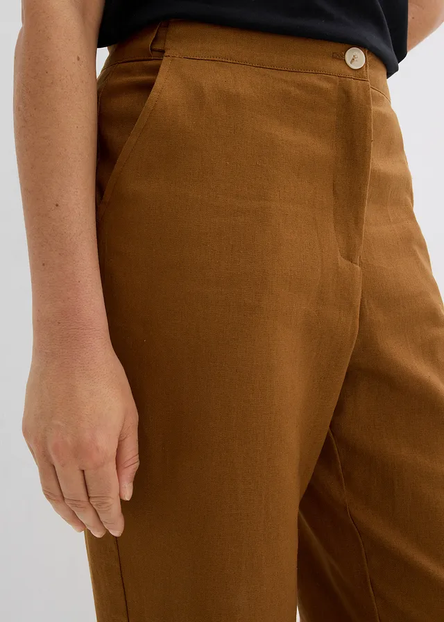 Cropped linnen broek met high waist en elastische inzet, Kleur: cognac