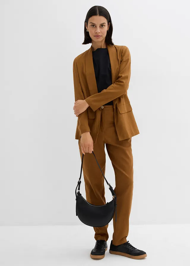 High waist linnen broek met elastische inzet, Kleur: cognac