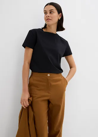 Pantalon en lin taille haute et raccourci à empiècement élastique, Couleur: marron cognac