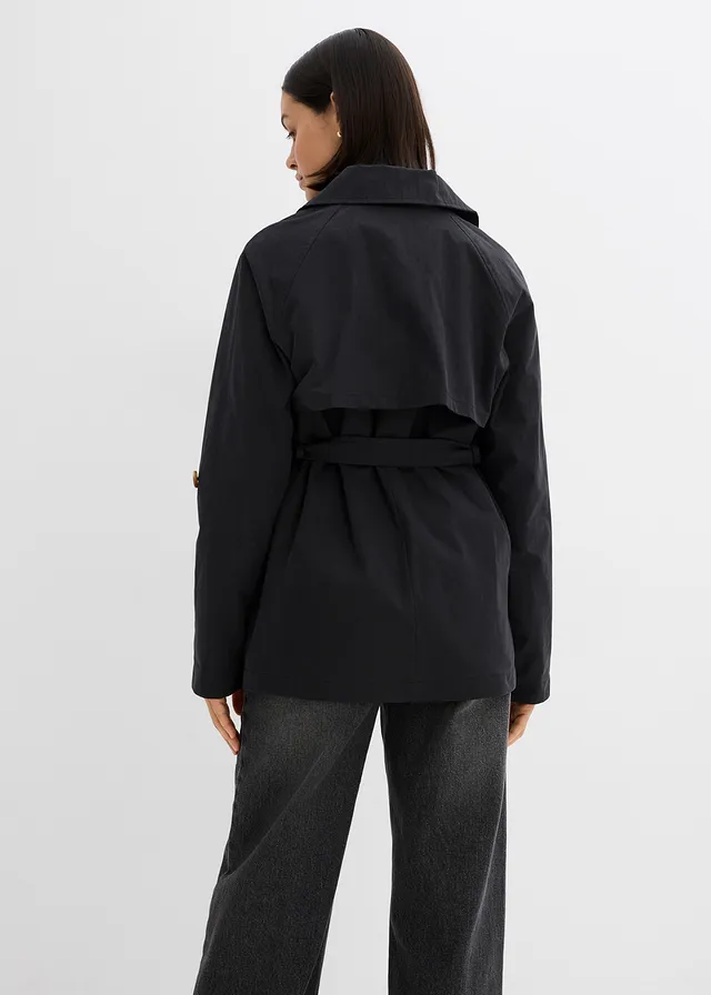 Korte trenchcoat, Kleur: zwart
