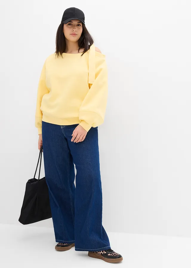 Wijde one shoulder sweater, Kleur: lichtgeel