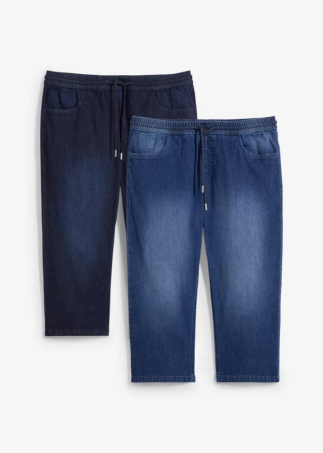 Blugi 3/4 Regular Fit cu elastic și șiret în talie, din denim subțire (set/2 perechi)
