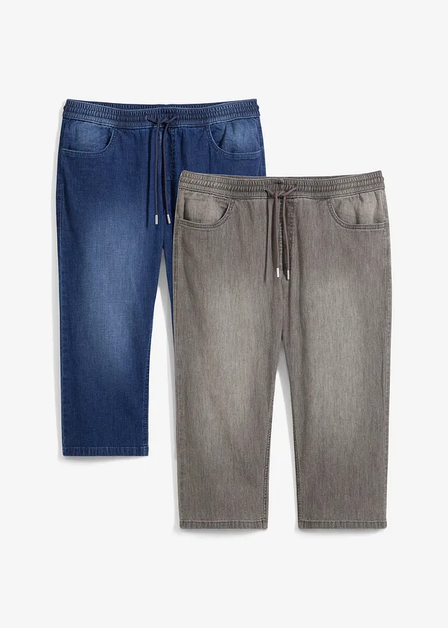 Blugi 3/4 Regular Fit cu elastic și șiret în talie, din denim subțire (set/2 perechi)